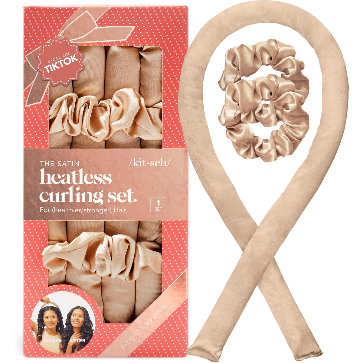 Kitsch Satin Heatless Curlers Set – Heatless Curls Overnight w/ 34" Hair Waver & 2 Satin Hair Scrunchies, Comfortable Hair Curlers to Sleep In for Frizz-Free, No Heat Damage Styling - Sunset Tie Dye
