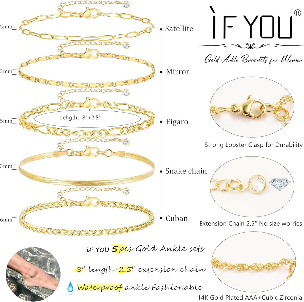 iF YOU Gold Ankle Bracelets for Women, 14k Gold Plated Waterproof Cuban Link Chain Anklets Set, Layered Anklet Bracelets for Women Beach Gift Adjustable Size 5pcs