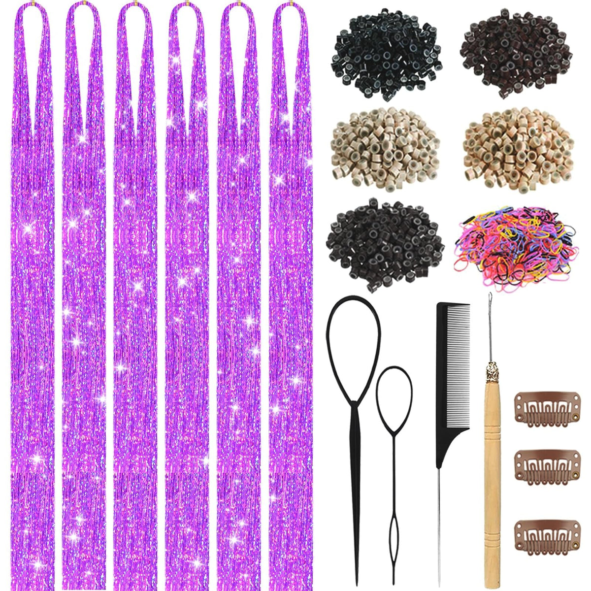 Hair Tinsel,18 Colors Hair Tinsel Kit for Girls 7600 Strands Fairy Tinsel Hair Extensions Holographic Hair Tinsel Heat Resistant Colored Hair Glitter Christmas Party Festival (18 Colors)