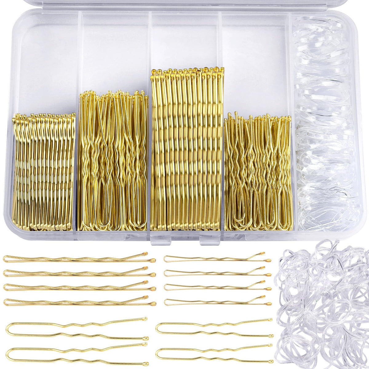 Teenitor 300pcs Bobby Pins Hair Pins Kit, 100 Hair Pin for Women 100 Bobby Pins Brown and 100 Hair Bands, Hair Pins for Buns 2inch 2.36inch 2.75inch