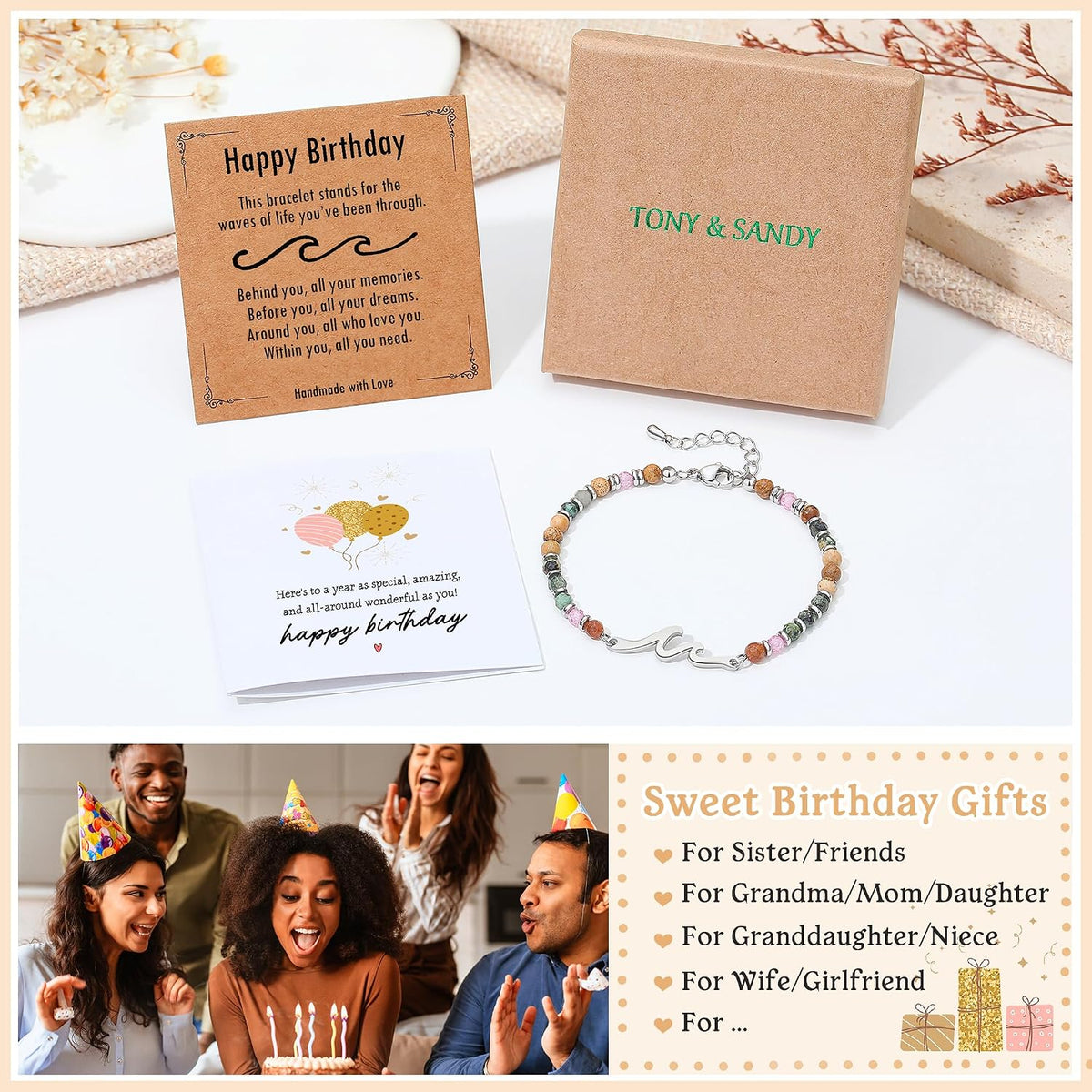 TONY & SANDY Friend Gifts for Women, Unique Birthday Gifts for Women, Sister Gift from Sister, Wave Bracelet, Christmas Graduation Mothers Day Gift for Her, Bestie Friendship Bracelets
