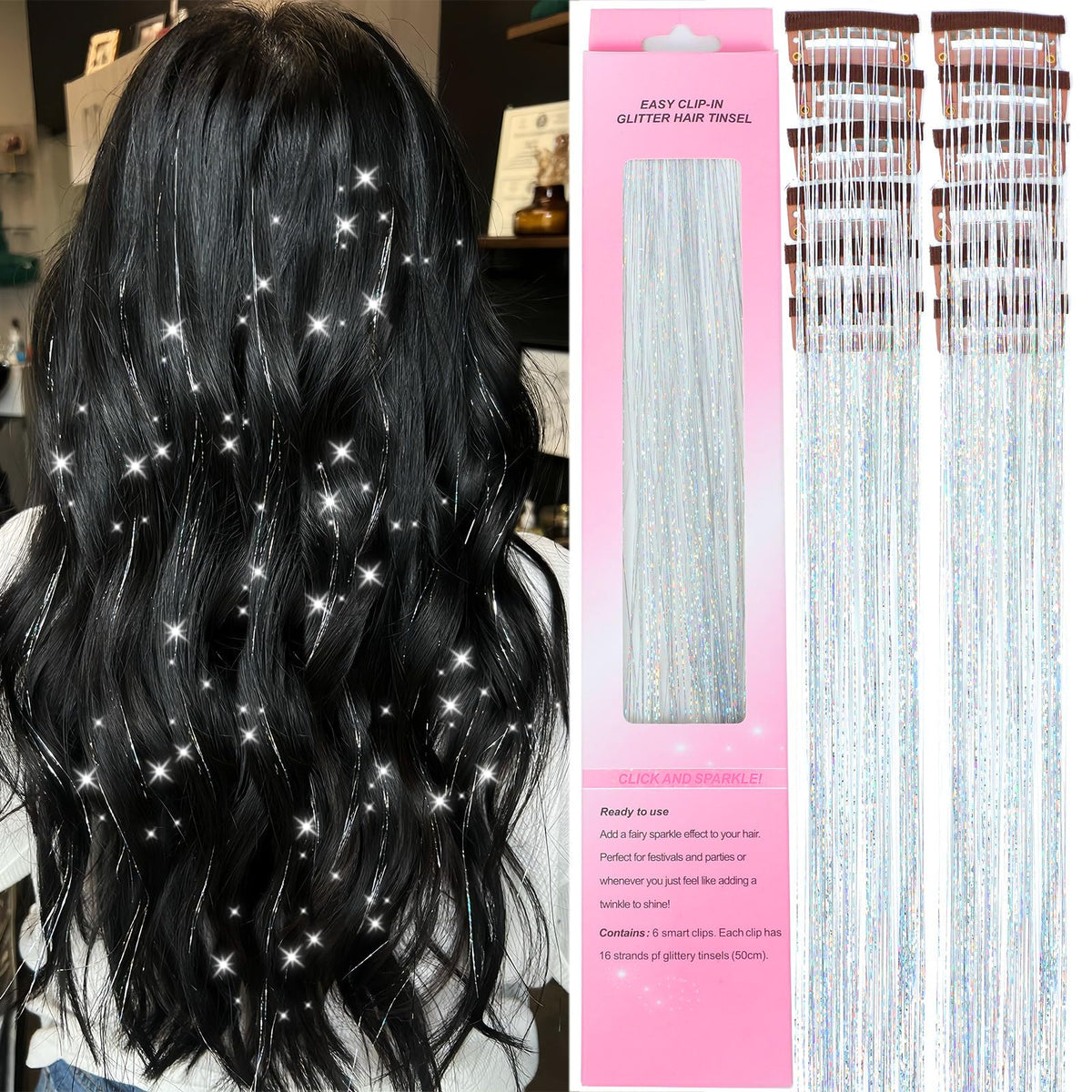 Hair Tinsel,18 Colors Hair Tinsel Kit for Girls 7600 Strands Fairy Tinsel Hair Extensions Holographic Hair Tinsel Heat Resistant Colored Hair Glitter Christmas Party Festival (18 Colors)