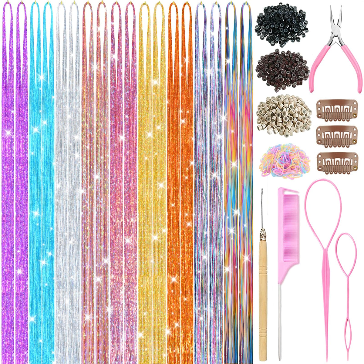 Hair Tinsel,18 Colors Hair Tinsel Kit for Girls 7600 Strands Fairy Tinsel Hair Extensions Holographic Hair Tinsel Heat Resistant Colored Hair Glitter Christmas Party Festival (18 Colors)