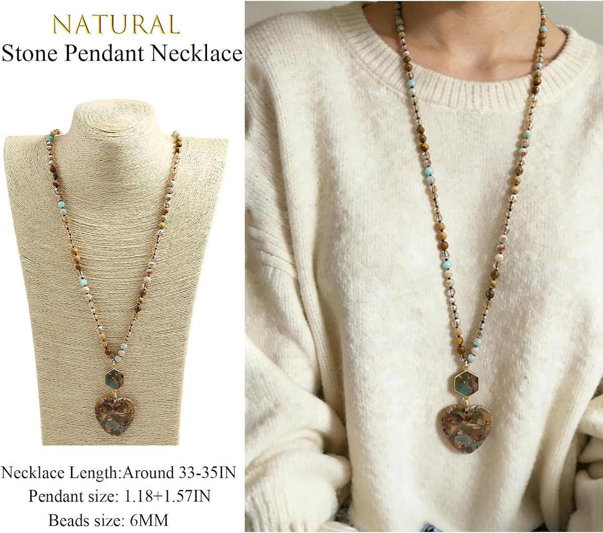Yomisa Boho Necklaces for Women Men Long,33/34/35 Inch Natural Turquoise Tiger Eye Beaded Stone Pendant Necklaces for Women Trendy,Handmade Bohemian Western Bead Necklace Fashion Charm Jewelry Gift