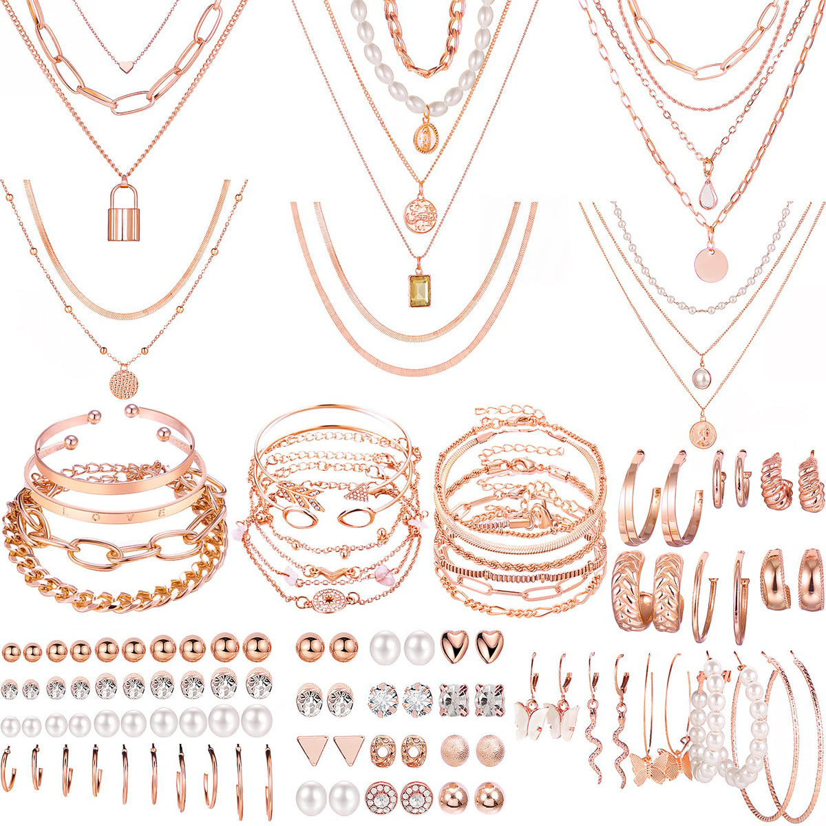 NEWITIN 69 Pieces Gold Jewelry Set for Women Fashion Costume Jewelry Gold Plated Necklace Bracelet Earrings Set for Women