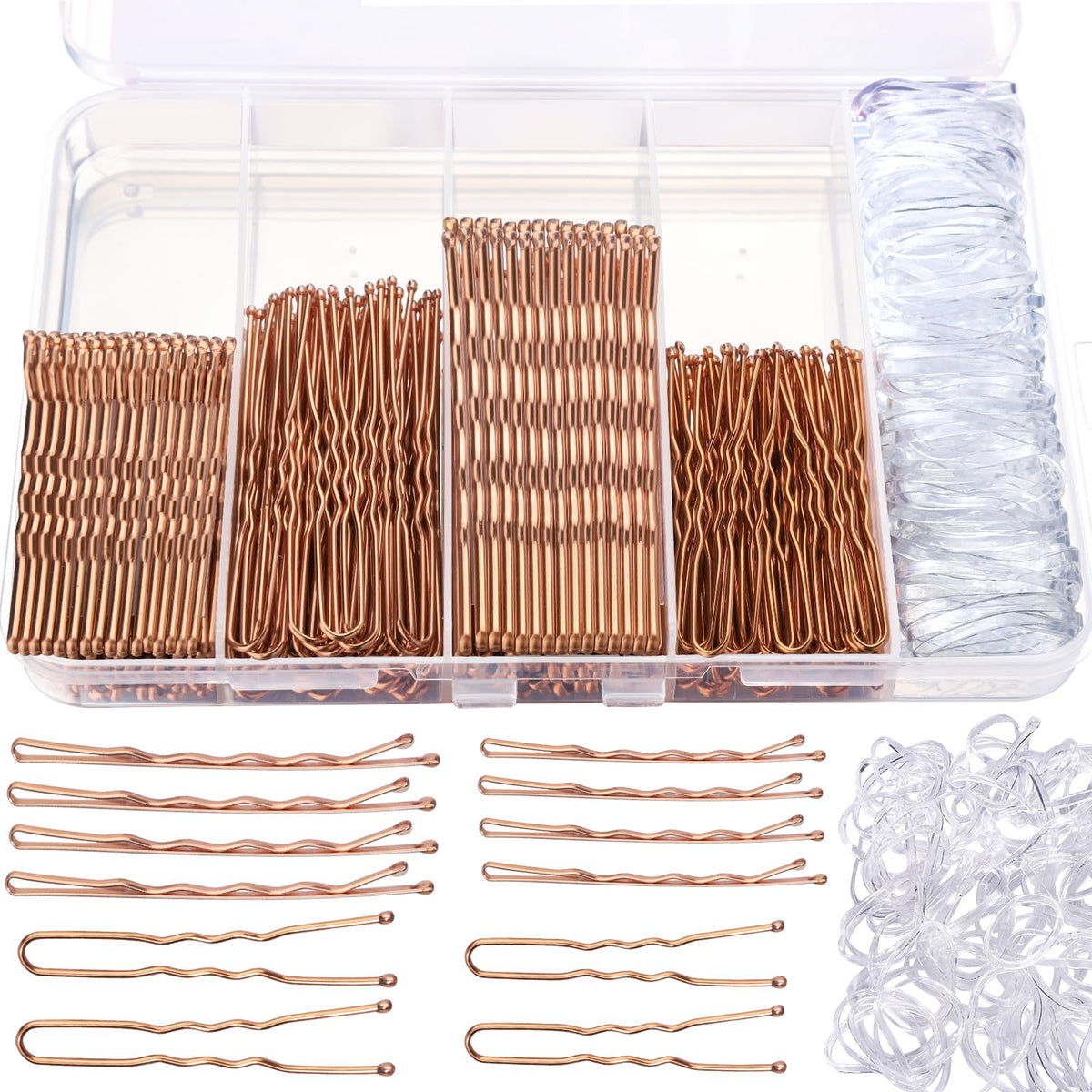 Teenitor 300pcs Bobby Pins Hair Pins Kit, 100 Hair Pin for Women 100 Bobby Pins Brown and 100 Hair Bands, Hair Pins for Buns 2inch 2.36inch 2.75inch