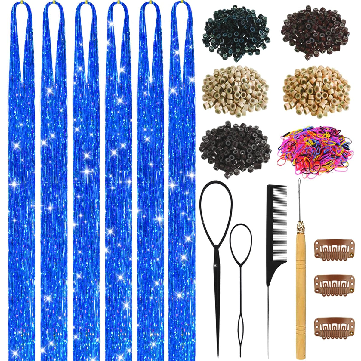 Hair Tinsel,18 Colors Hair Tinsel Kit for Girls 7600 Strands Fairy Tinsel Hair Extensions Holographic Hair Tinsel Heat Resistant Colored Hair Glitter Christmas Party Festival (18 Colors)