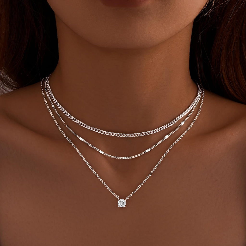 WomenGifts Layered Gold Necklaces for Women, 14K Gold Sterling Silver Plated Dainty Pendant Necklace Set Non Tarnish, Chunky Stackable Cuban Chain Choker, Trendy Birthstone Vacation Jewelry Gift