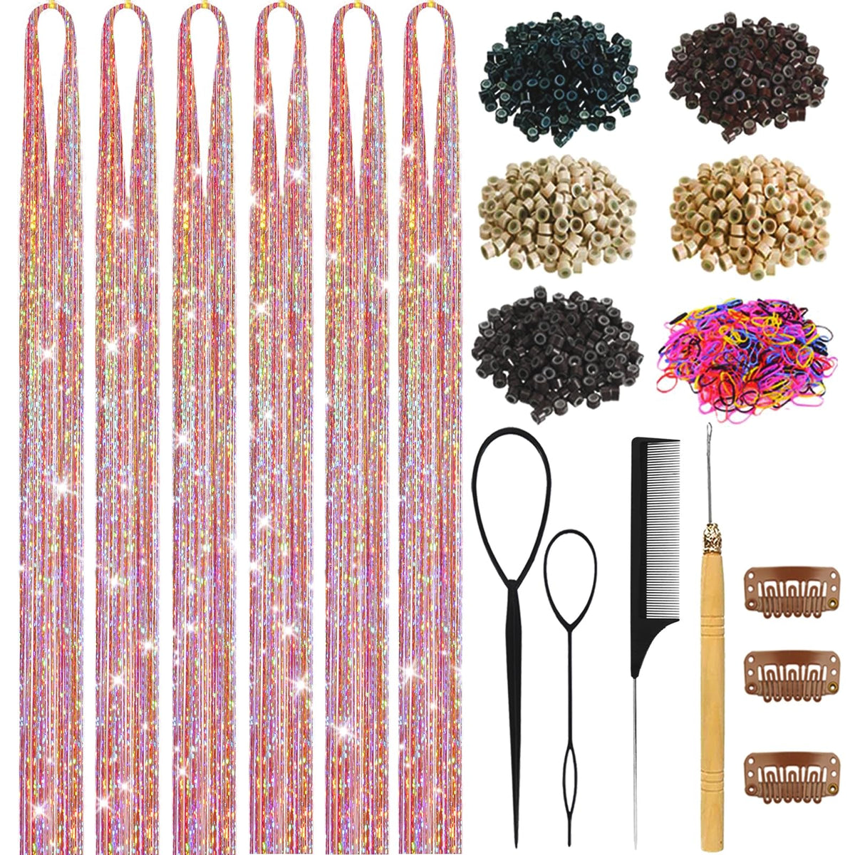 Hair Tinsel,18 Colors Hair Tinsel Kit for Girls 7600 Strands Fairy Tinsel Hair Extensions Holographic Hair Tinsel Heat Resistant Colored Hair Glitter Christmas Party Festival (18 Colors)