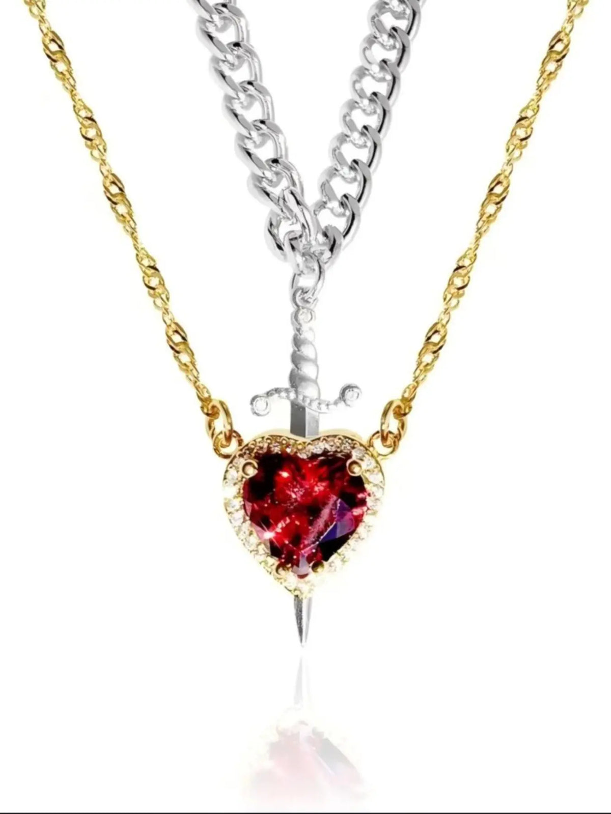 2pcs Heart and Sword Necklace Set, Love Heart Necklace, Amour Heart Necklace, Unique Couple's Jewelry, Fashionable Jewelry Accessories, Silver Color, Durable Fashion Accessory, Birthday Gift Jewelry, Perfect for Weddings & Parties, Includes Rose Box