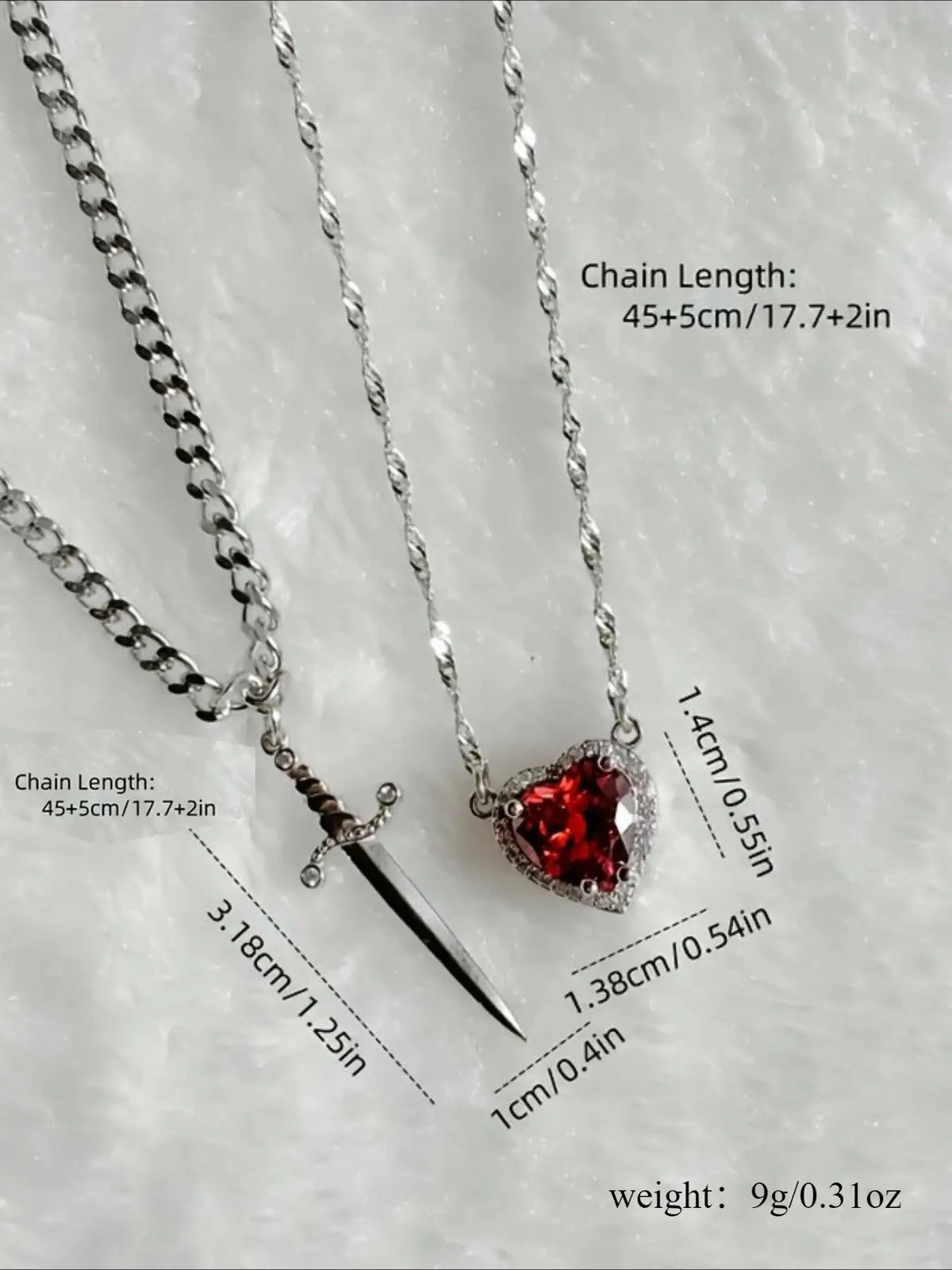 2pcs Heart and Sword Necklace Set, Love Heart Necklace, Amour Heart Necklace, Unique Couple's Jewelry, Fashionable Jewelry Accessories, Silver Color, Durable Fashion Accessory, Birthday Gift Jewelry, Perfect for Weddings & Parties, Includes Rose Box