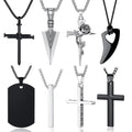 8pcs Necklace for Men, Mens Necklaces Jewelry Set, Black and Silvery Stainless Steel Necklace, Cross Pendant Necklace, 16-24 inches Chain
