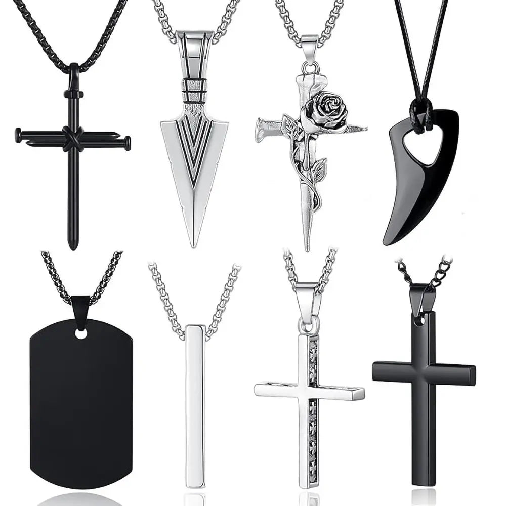 8pcs Necklace for Men, Mens Necklaces Jewelry Set, Black and Silvery Stainless Steel Necklace, Cross Pendant Necklace, 16-24 inches Chain
