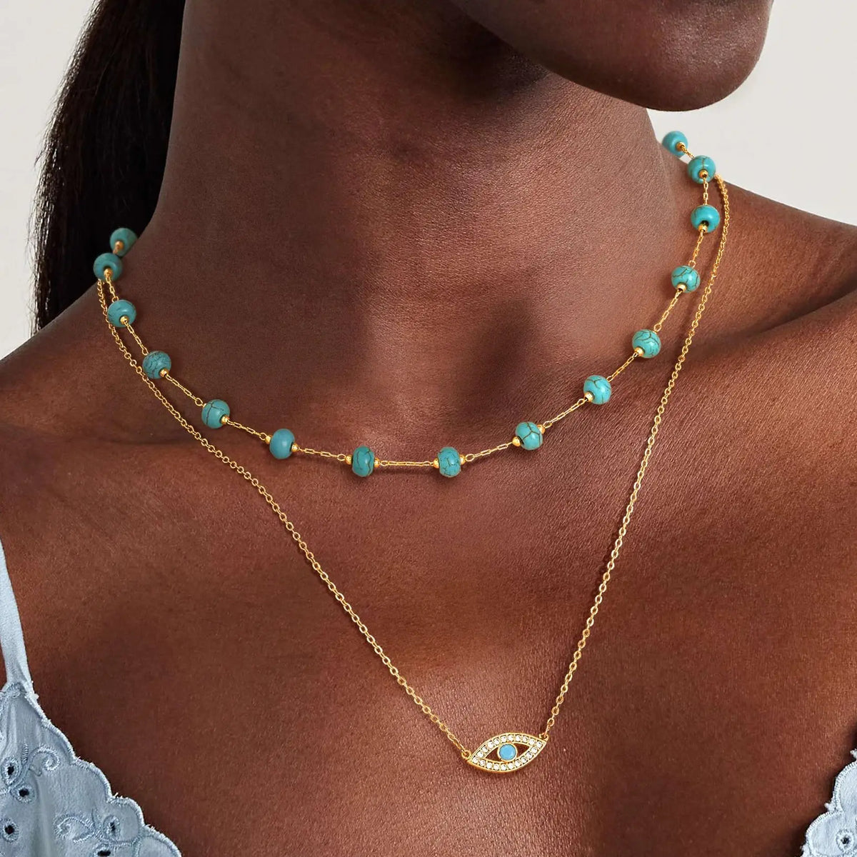 Fettero Turquoise Beaded Gold-Plated Necklace for Women, Brass Chain Necklace, Adjustable Necklace, In Summer Beach Necklaces Boho Necklaces Handmade Western Jewelry Gift for Her DealsForYouDays WeeklyDeals summerwins