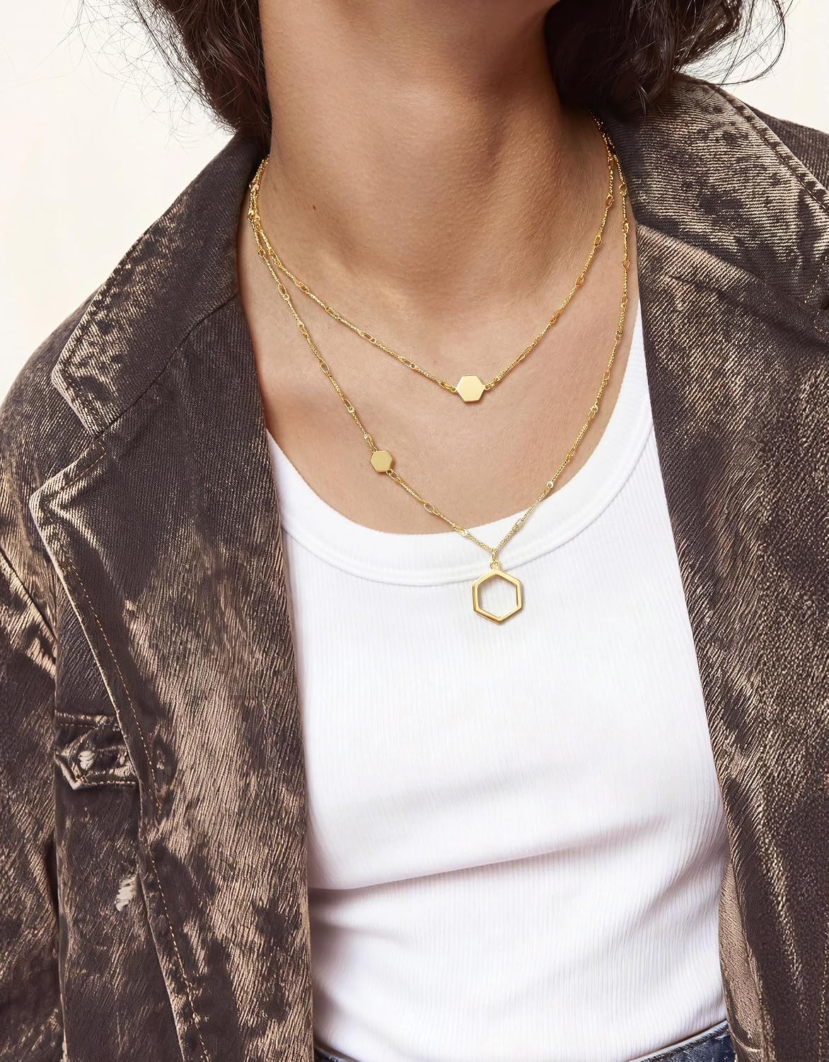 UBGICIG Honeycomb Layered Necklaces for Women Stackable, Dainty Layering Pendant Necklace Non Tarnish, Trendy 16K Plated Silver Gold Necklace Stack Chain Women's Fashion Jewelry