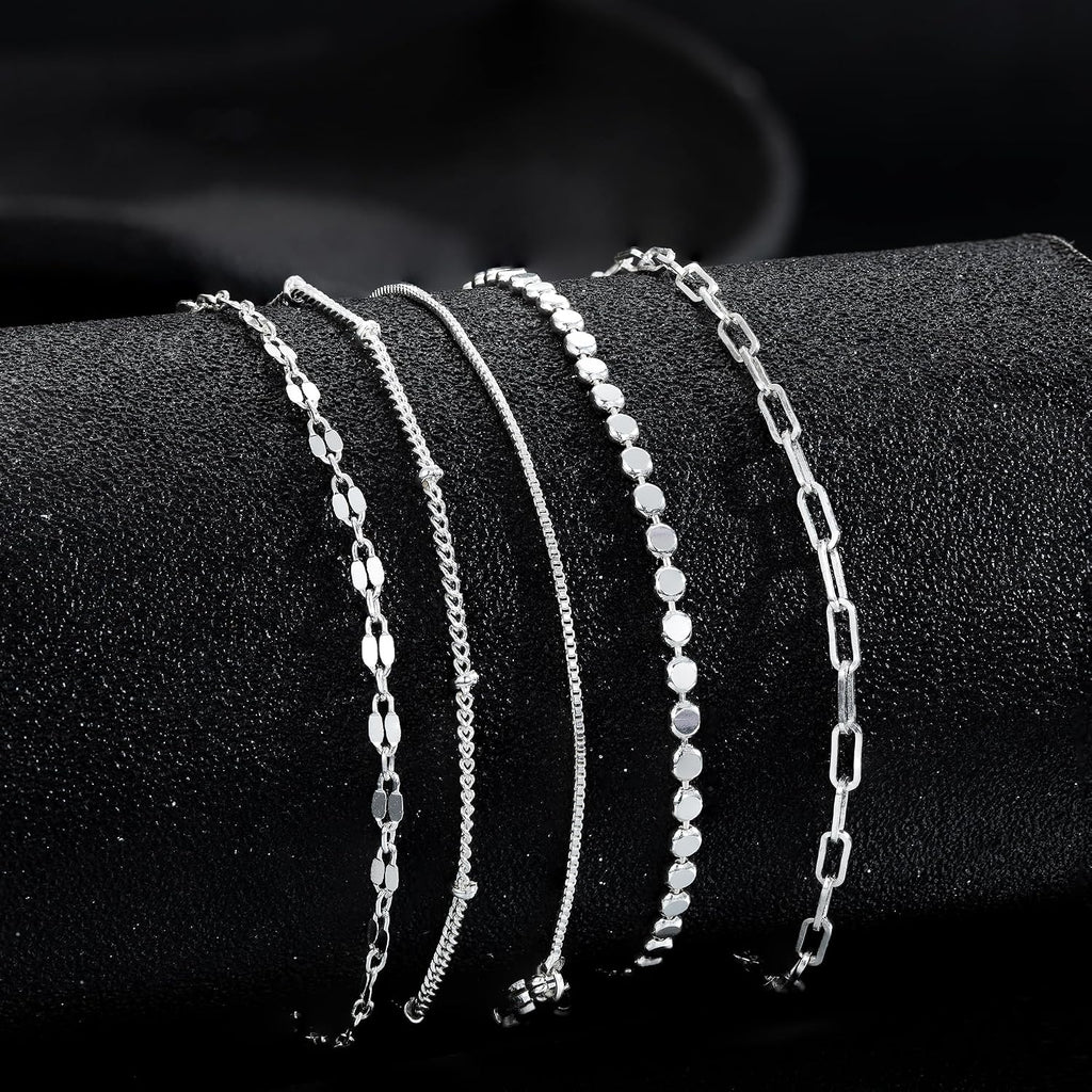 MBW Sterling Silver Bracelets for Women Trendy, Minimalist Simple Dainty S925 Silver Plated Bracelets for Women Stack Waterproof Jewelry Small Thin Bracelet Set for Womens Teen Gift
