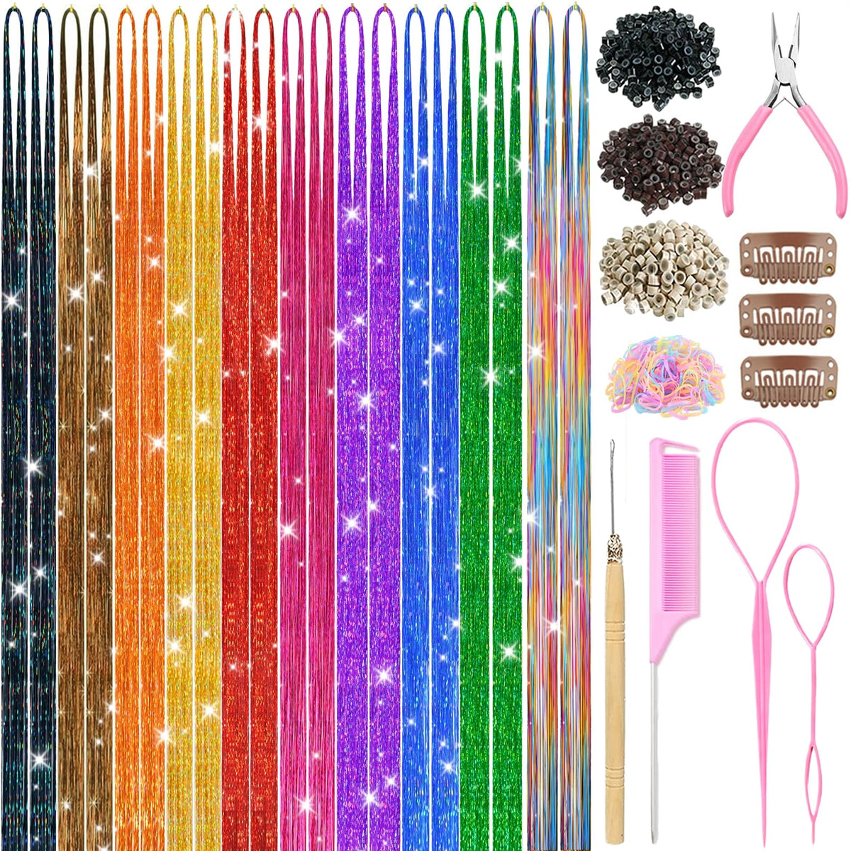 Hair Tinsel,18 Colors Hair Tinsel Kit for Girls 7600 Strands Fairy Tinsel Hair Extensions Holographic Hair Tinsel Heat Resistant Colored Hair Glitter Christmas Party Festival (18 Colors)