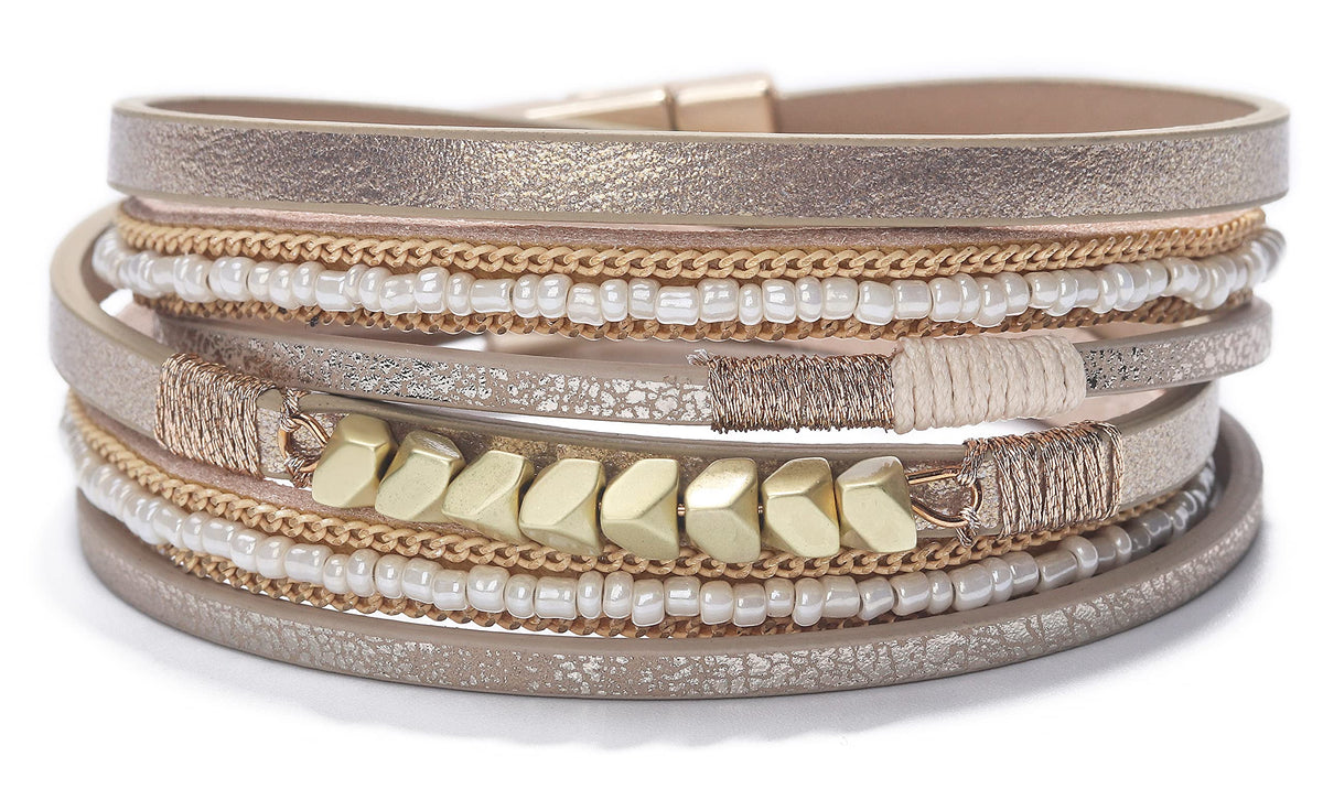 Fesciory Leather Wrap Bracelets for Women, Boho Leopard Multi-Layer Crystal Beads Cuff Bracelet Jewelry