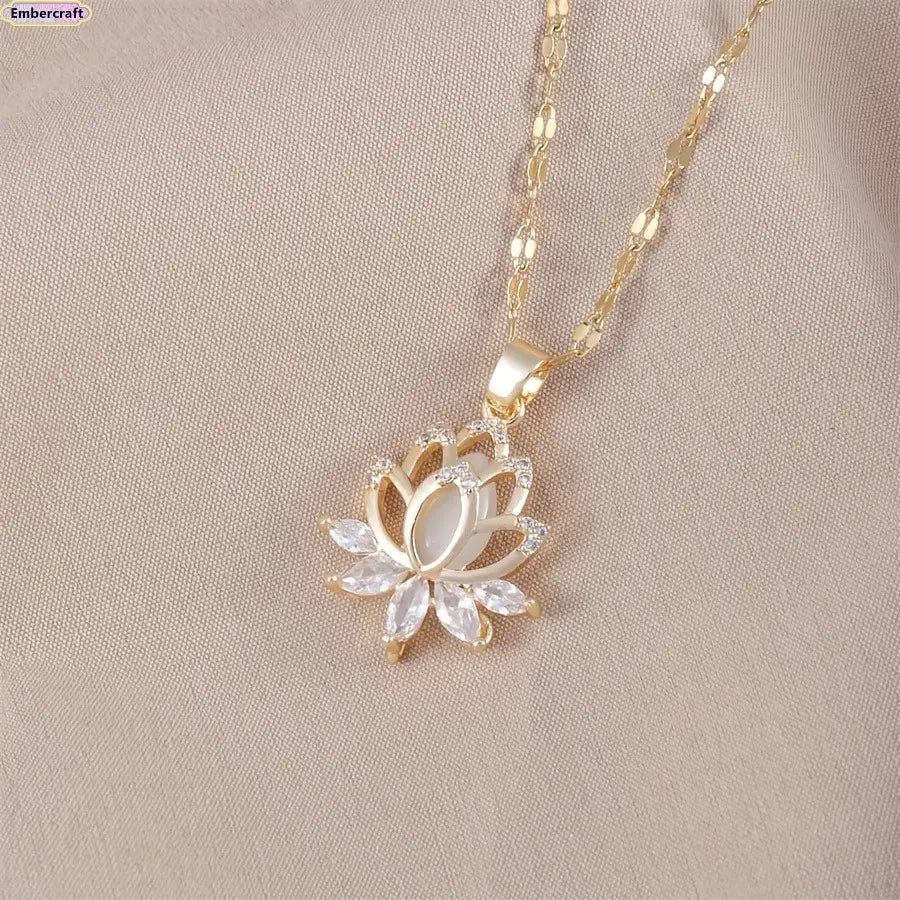 Women's Gold Lotus Pendant Necklace, Cubic Zirconia Flower Charm Jewelry, Minimalist Dainty Accessories for Women, Spiritual Gift for Her, Daily Wear or Special Occasions, Gold Necklace Women