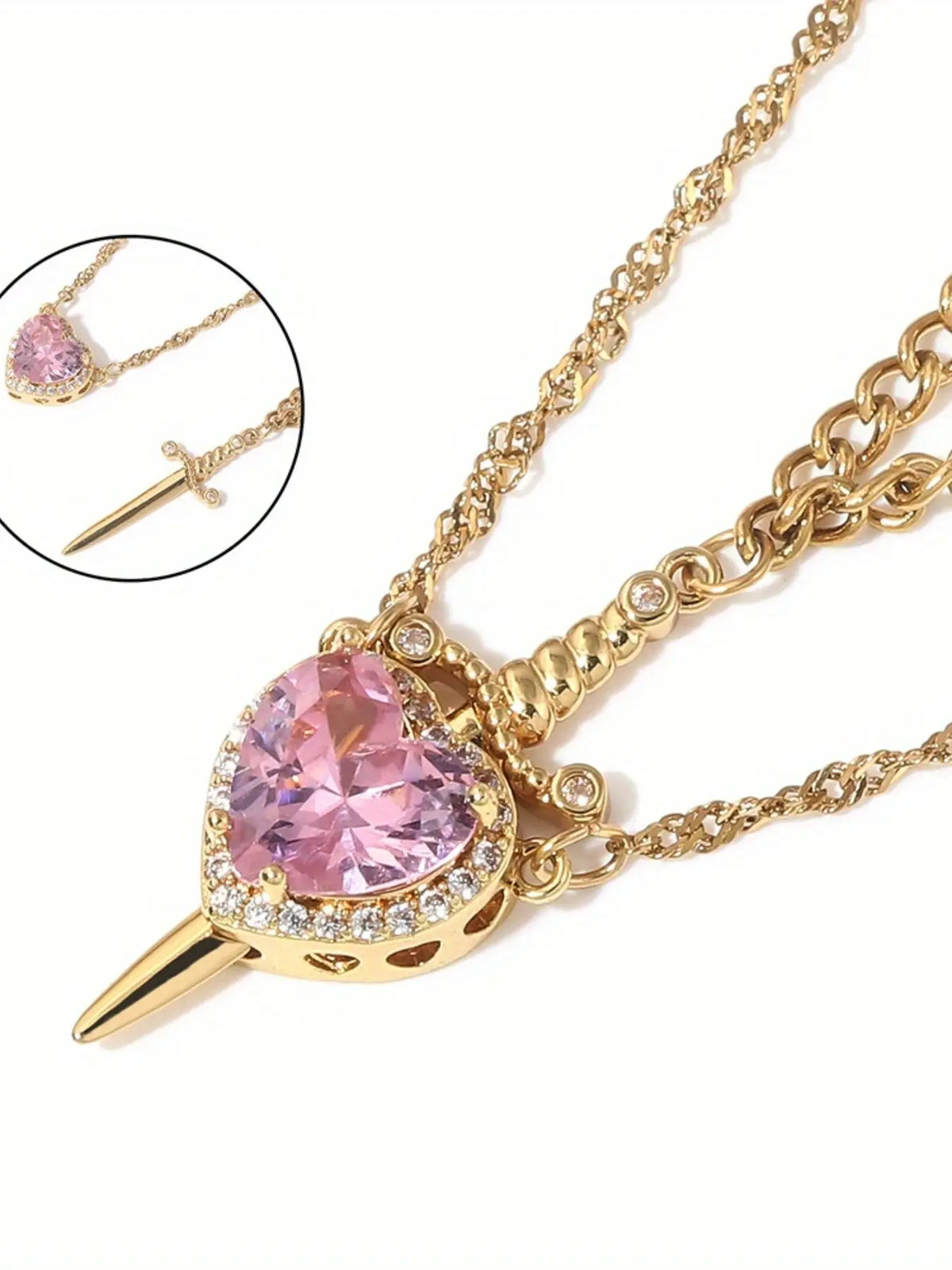 2pcs Heart and Sword Necklace Set, Love Heart Necklace, Amour Heart Necklace, Unique Couple's Jewelry, Fashionable Jewelry Accessories, Silver Color, Durable Fashion Accessory, Birthday Gift Jewelry, Perfect for Weddings & Parties, Includes Rose Box
