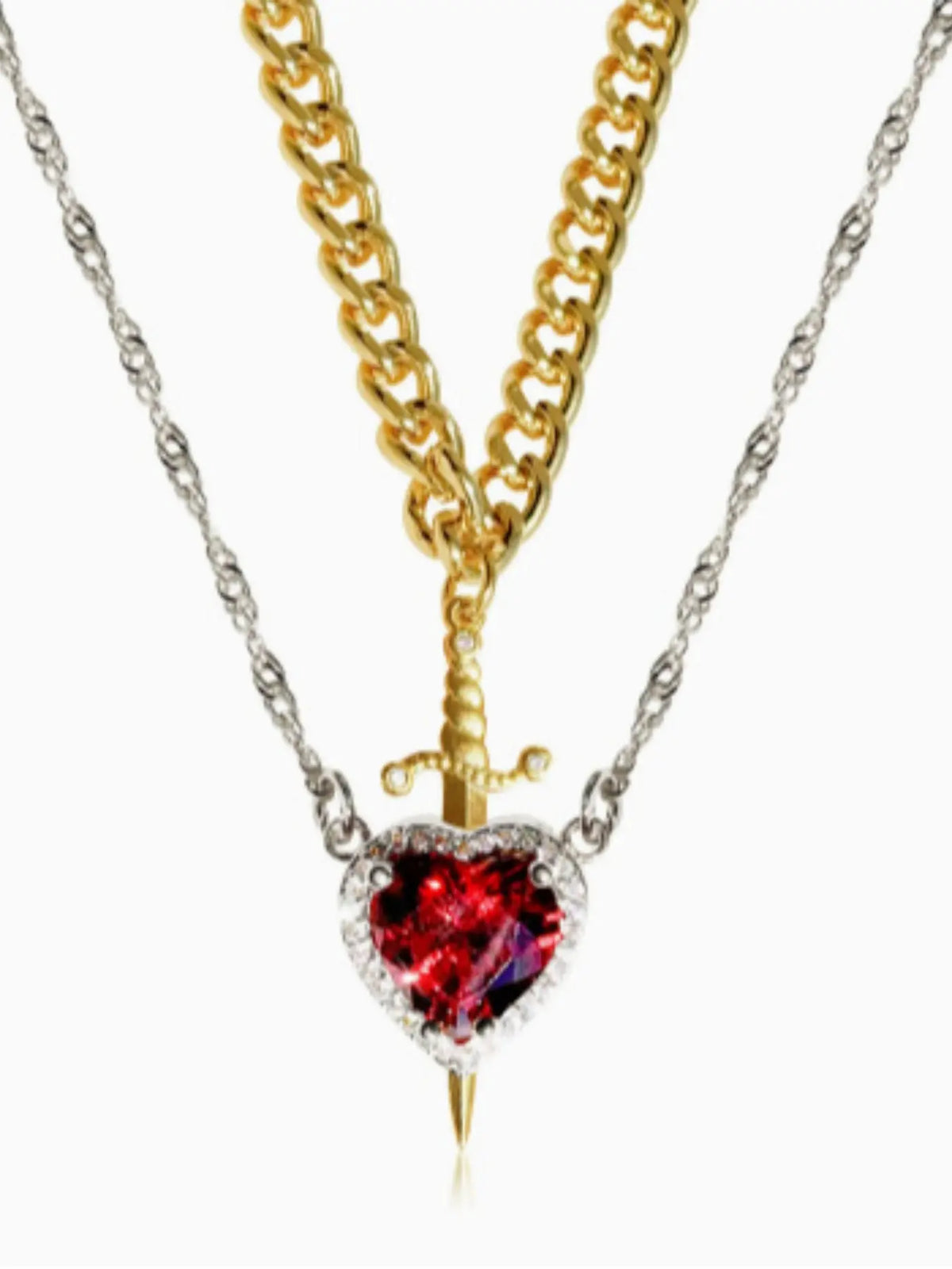 2pcs Heart and Sword Necklace Set, Love Heart Necklace, Amour Heart Necklace, Unique Couple's Jewelry, Fashionable Jewelry Accessories, Silver Color, Durable Fashion Accessory, Birthday Gift Jewelry, Perfect for Weddings & Parties, Includes Rose Box