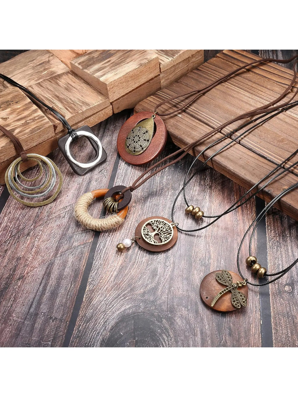 6Pcs Long Pendant Necklaces for Women Boho Style Necklace Vintage Wood Fall Sweater Necklaces Set, Necklace Gift, Statement Feather Peace Sign Y Necklace Hippie Handmade Chain Jewelry Accessories