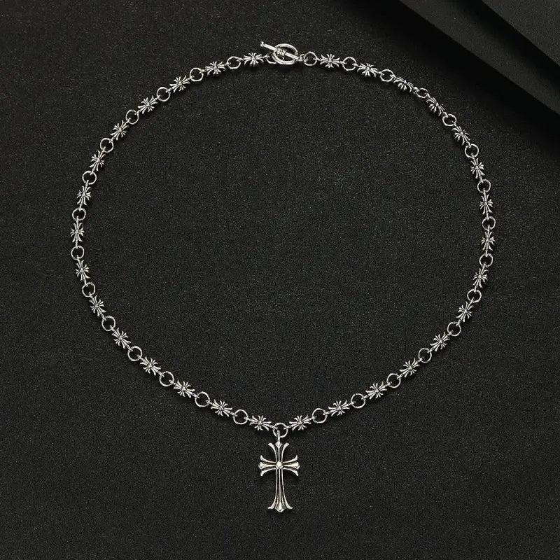 Vintage Cross Pendant Necklace, Unisex Silver Stainless Steel Chain, Trendy Y2K Street Style Jewelry for Men Women
