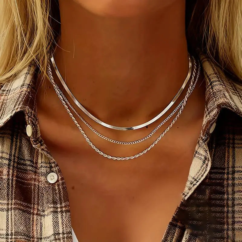 3 PCS Stainless Steel Chain Necklace Set for Men Women, Fashionable Multi-Layered Necklaces for Daily Wear or Parties, Jewelry Accessories, Exquisite Gifts for Women
