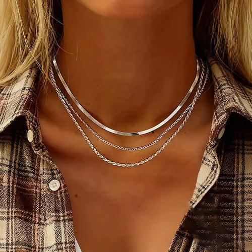 3 PCS Stainless Steel Chain Necklace Set for Men Women, Fashionable Multi-Layered Necklaces for Daily Wear or Parties, Jewelry Accessories, Exquisite Gifts for Women