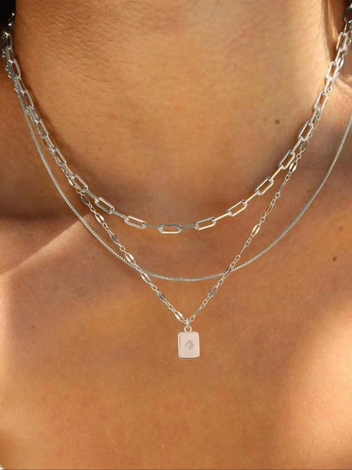 3 Piece Trendy Grid Paperclip Box Chain Necklace Set, Trendy Jewelry, Minimalist Rectangle Pendant with Sparkling Star Artificial Zircon