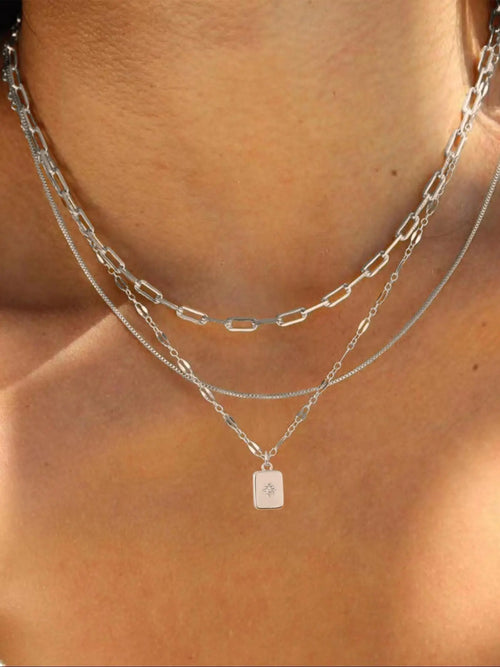 3 Piece Trendy Grid Paperclip Box Chain Necklace Set, Trendy Jewelry, Minimalist Rectangle Pendant with Sparkling Star Artificial Zircon