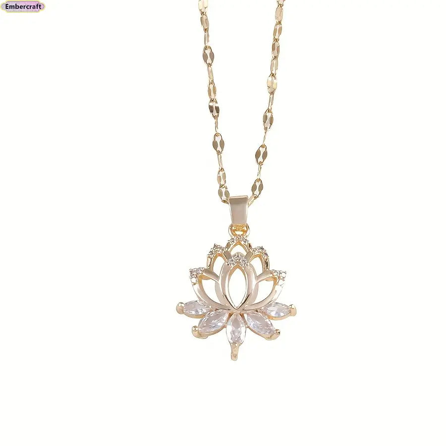 Women's Gold Lotus Pendant Necklace, Cubic Zirconia Flower Charm Jewelry, Minimalist Dainty Accessories for Women, Spiritual Gift for Her, Daily Wear or Special Occasions, Gold Necklace Women
