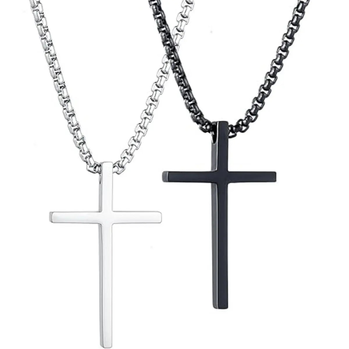 Cross Necklace for Men，Stainless Steel Cross Pendant Silver Black Cross Chain Jewerlry Gifts Box 18 inch,Colar de cruz