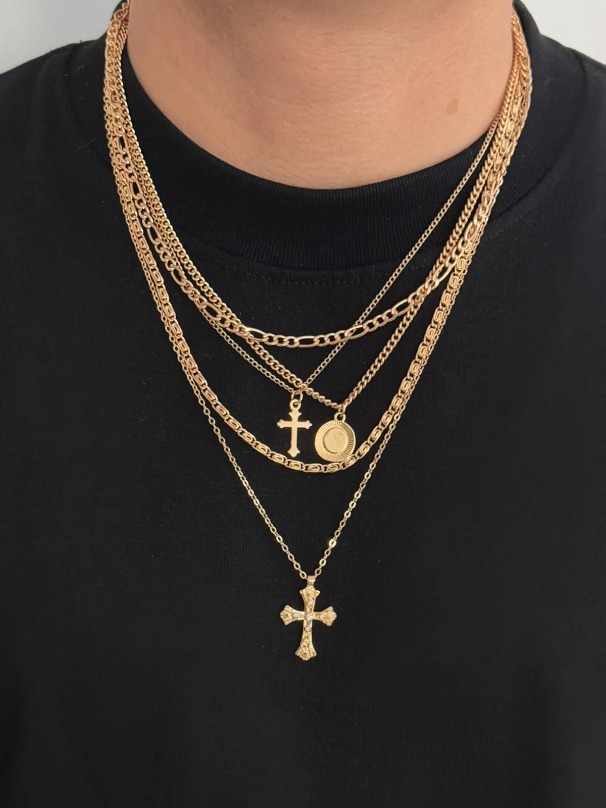 5-Piece Set Multi-Layer Cross Necklace, Chain, Men's Hip-Hop Style Layered Necklaces, Unisex Versatile Collarbone Chains, Cross Charm Necklace, Alloy Necklace, Cross Chain Design