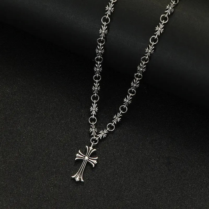 Vintage Cross Pendant Necklace, Unisex Silver Stainless Steel Chain, Trendy Y2K Street Style Jewelry for Men Women
