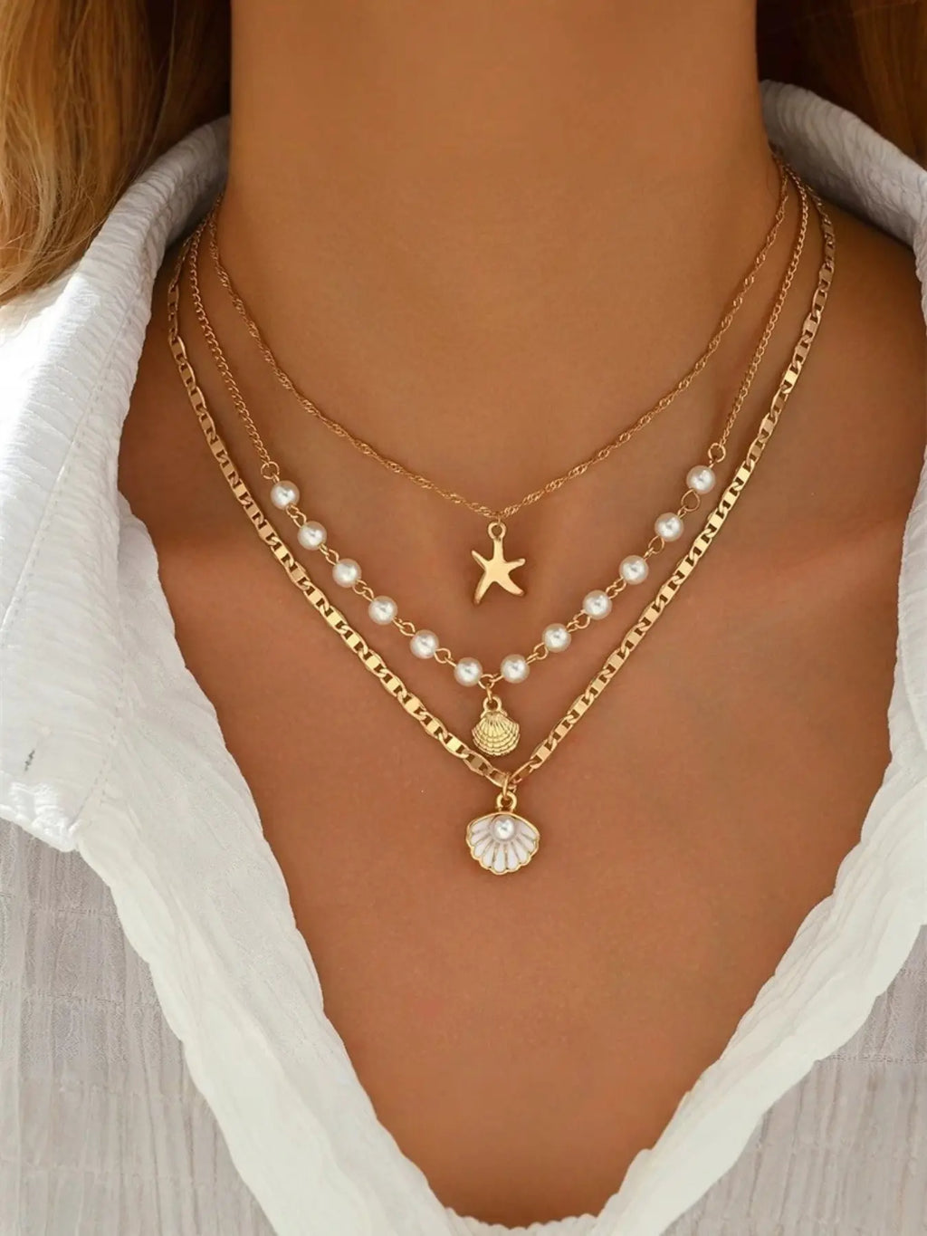 3pcs Boho Layered Shell & Starfish Necklace Set, Boho Style Necklace, Cuban Link Design Necklace, Ocean Theme Necklaces with Imitation Pearls, Summer Beach Jewelry for Women