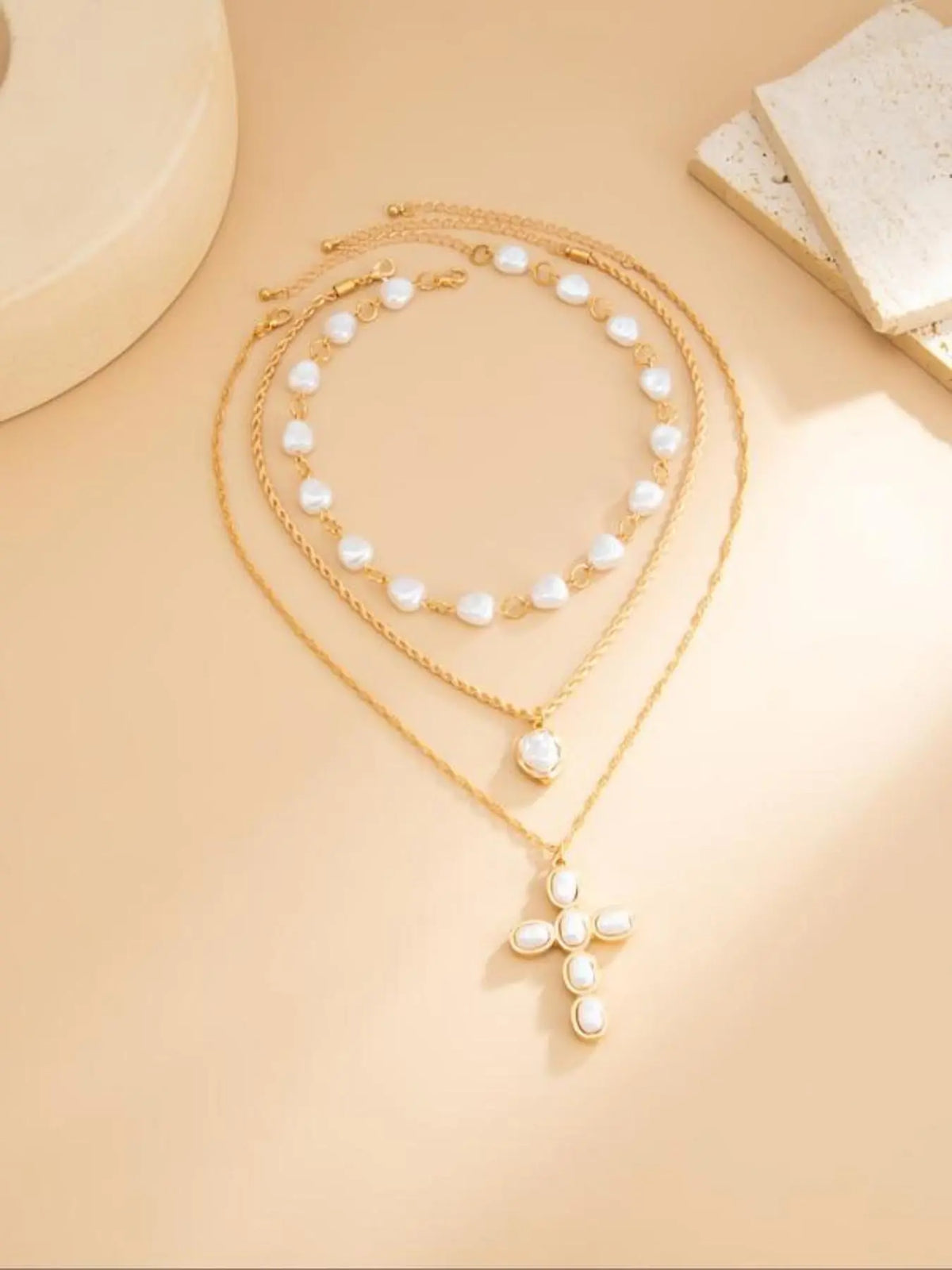 Women's Baroque Imitation Pearl Necklace Set, Vintage Cross Pendant Alloy Jewelry, All-Season Elegant Accessory, Accessories Set, Alloy Material, Costume Necklaces