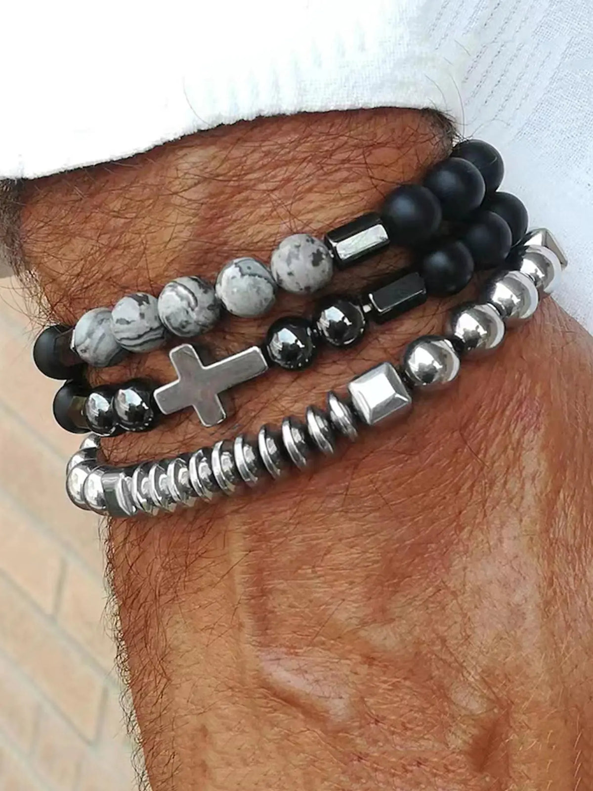Men's Street Trend Beaded & Cross Charm Bracelets, 3pcs/set Trendy Minimalist Matching Bracelets, Chic Hip Hop Vintage Jewelry As Gift for Boyfriend, Stackable Bracelets, Mix Bracelets, Bangles Bracelets Set, Exquisite Bracelet, Cross Beads Bracelet