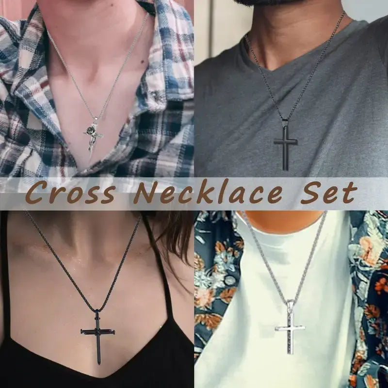 8pcs Necklace for Men, Mens Necklaces Jewelry Set, Black and Silvery Stainless Steel Necklace, Cross Pendant Necklace, 16-24 inches Chain