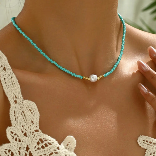 3Pcs Bohemian Adjustable Minimalist Necklace Set Handmade Rice Beads Ethnic Artificial Pearl Pendant Multi-layer Women Colorful Beads Stackable Necklace Set