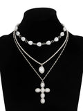 Women's Baroque Imitation Pearl Necklace Set, Vintage Cross Pendant Alloy Jewelry, All-Season Elegant Accessory, Accessories Set, Alloy Material, Costume Necklaces