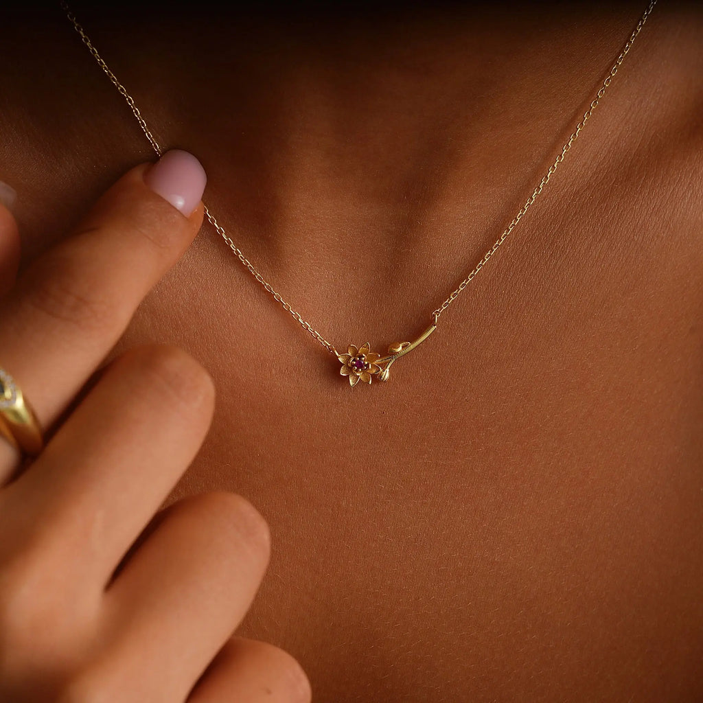 modmints Custom Horizontal Birth Flower Necklace - Personalized Gold Artificial Gemstone Jewelry, Cute Mothers Day Gift Ideas, Gifts for Women, Gold Necklace for Women Gold Chain Set