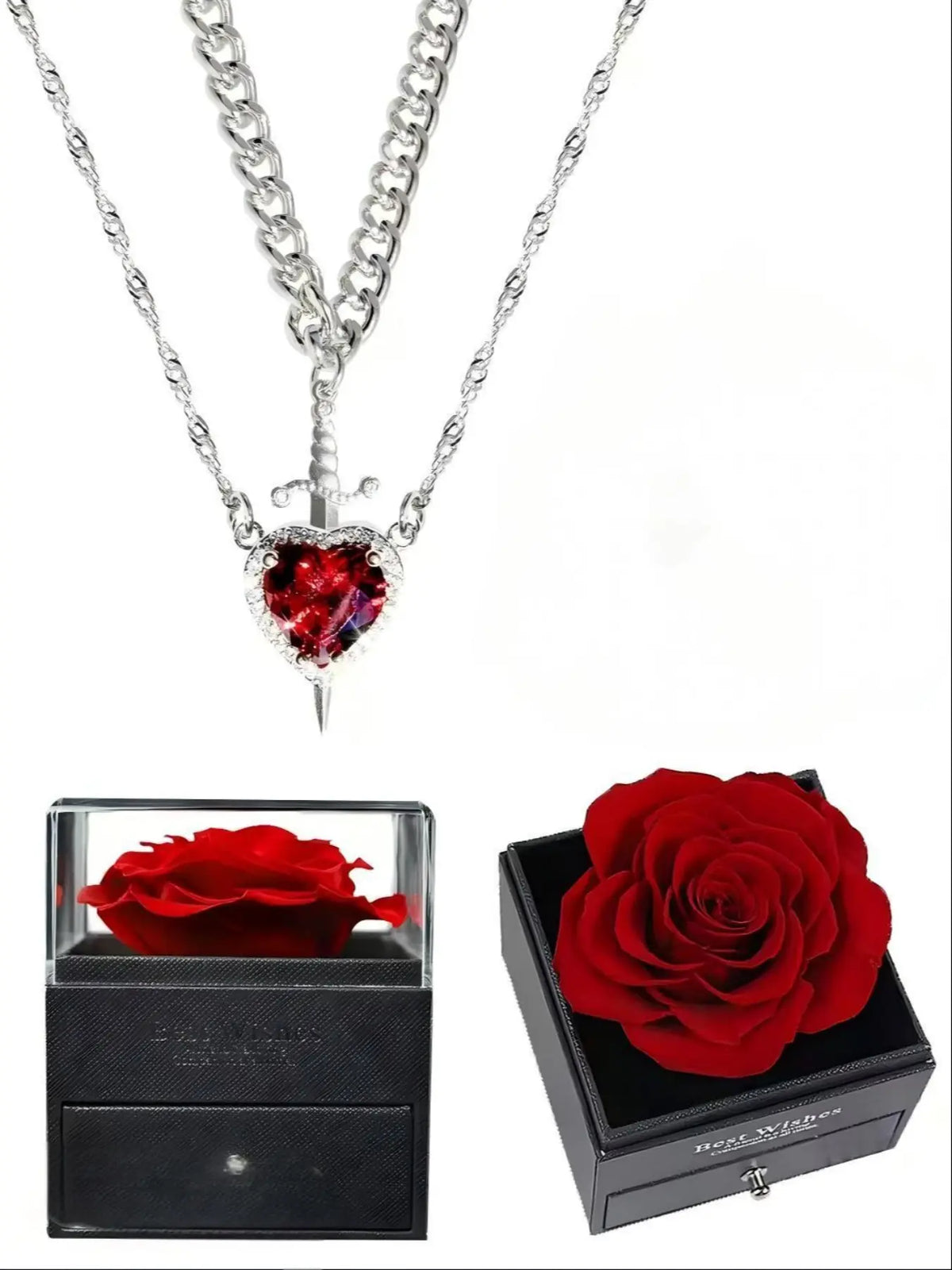 2pcs Heart and Sword Necklace Set, Love Heart Necklace, Amour Heart Necklace, Unique Couple's Jewelry, Fashionable Jewelry Accessories, Silver Color, Durable Fashion Accessory, Birthday Gift Jewelry, Perfect for Weddings & Parties, Includes Rose Box