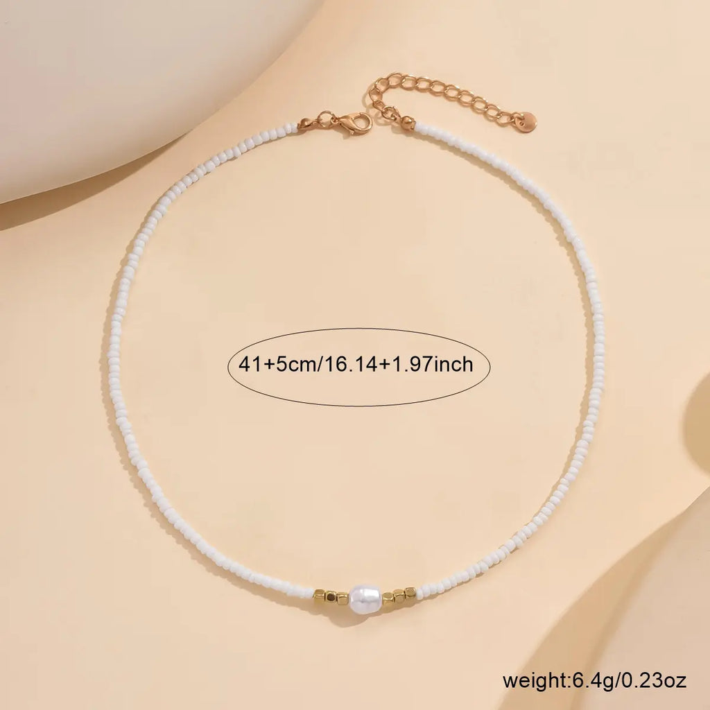 3Pcs Bohemian Adjustable Minimalist Necklace Set Handmade Rice Beads Ethnic Artificial Pearl Pendant Multi-layer Women Colorful Beads Stackable Necklace Set