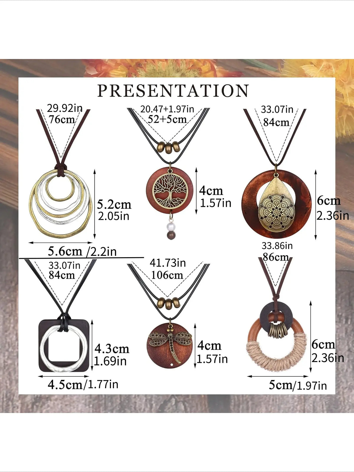 6Pcs Long Pendant Necklaces for Women Boho Style Necklace Vintage Wood Fall Sweater Necklaces Set, Necklace Gift, Statement Feather Peace Sign Y Necklace Hippie Handmade Chain Jewelry Accessories