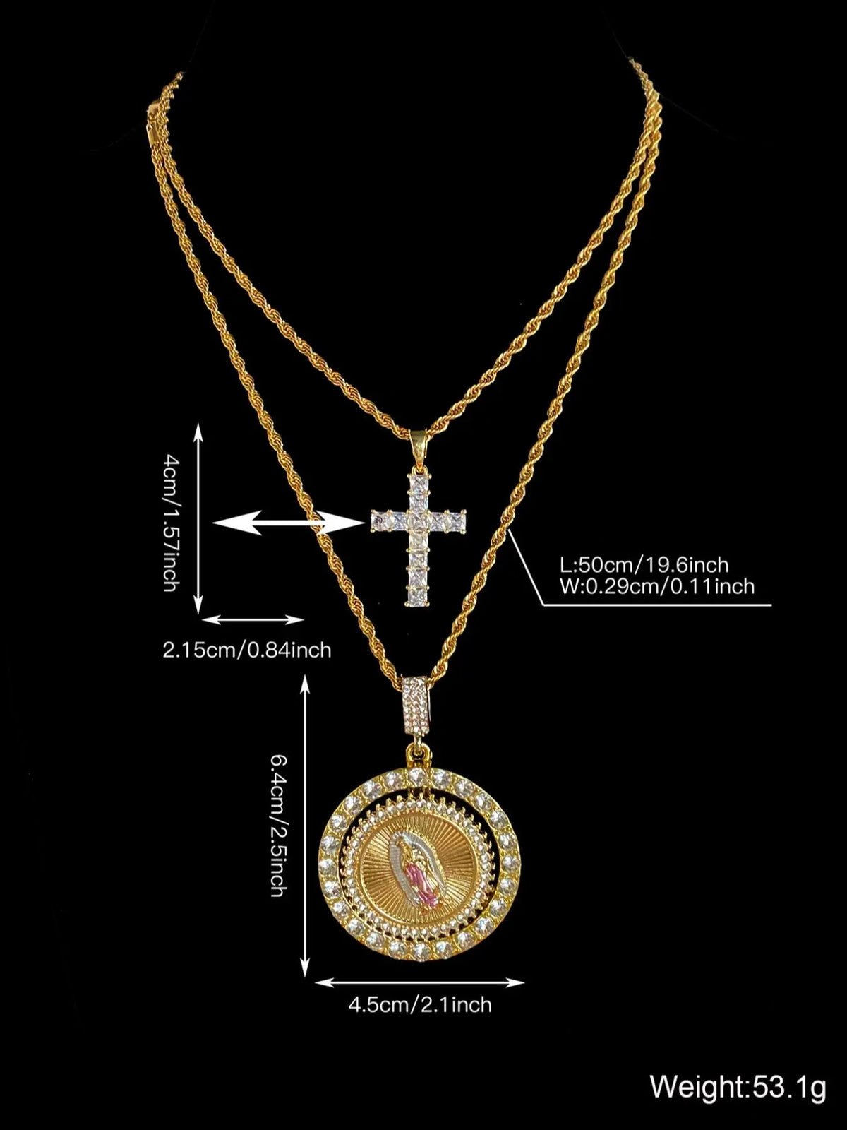 Hip Hop Rhinestone Decorated Virgin Mary & Cross Pendant Necklace Set, Cross Necklaces, Fashion Jewelry, Religious Jewelry, Faith Necklace for Party, Daily Clothing Decor, Trendy All-match & Exquisite Jewelry for Birthday Gift
