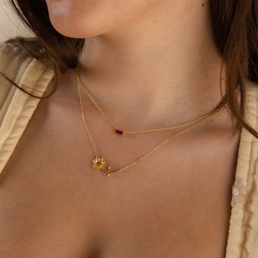 modmints Custom Horizontal Birth Flower Necklace - Personalized Gold Artificial Gemstone Jewelry, Cute Mothers Day Gift Ideas, Gifts for Women, Gold Necklace for Women Gold Chain Set