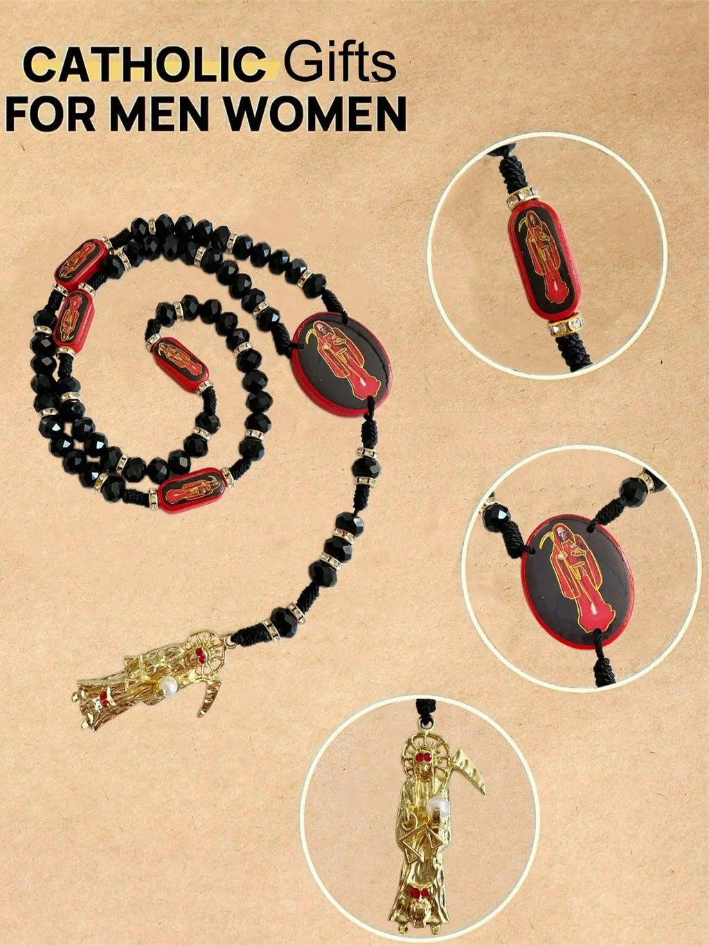 Holy Death Design Necklace, Wooden Santa Muerte Necklace, Red Rosaries Beads Blessing Crafted Rosario de la Santa Muerte, Prayer Gift for Women & Men, Gothic Jewelry, Jewelry Necklace, Rosary Necklace