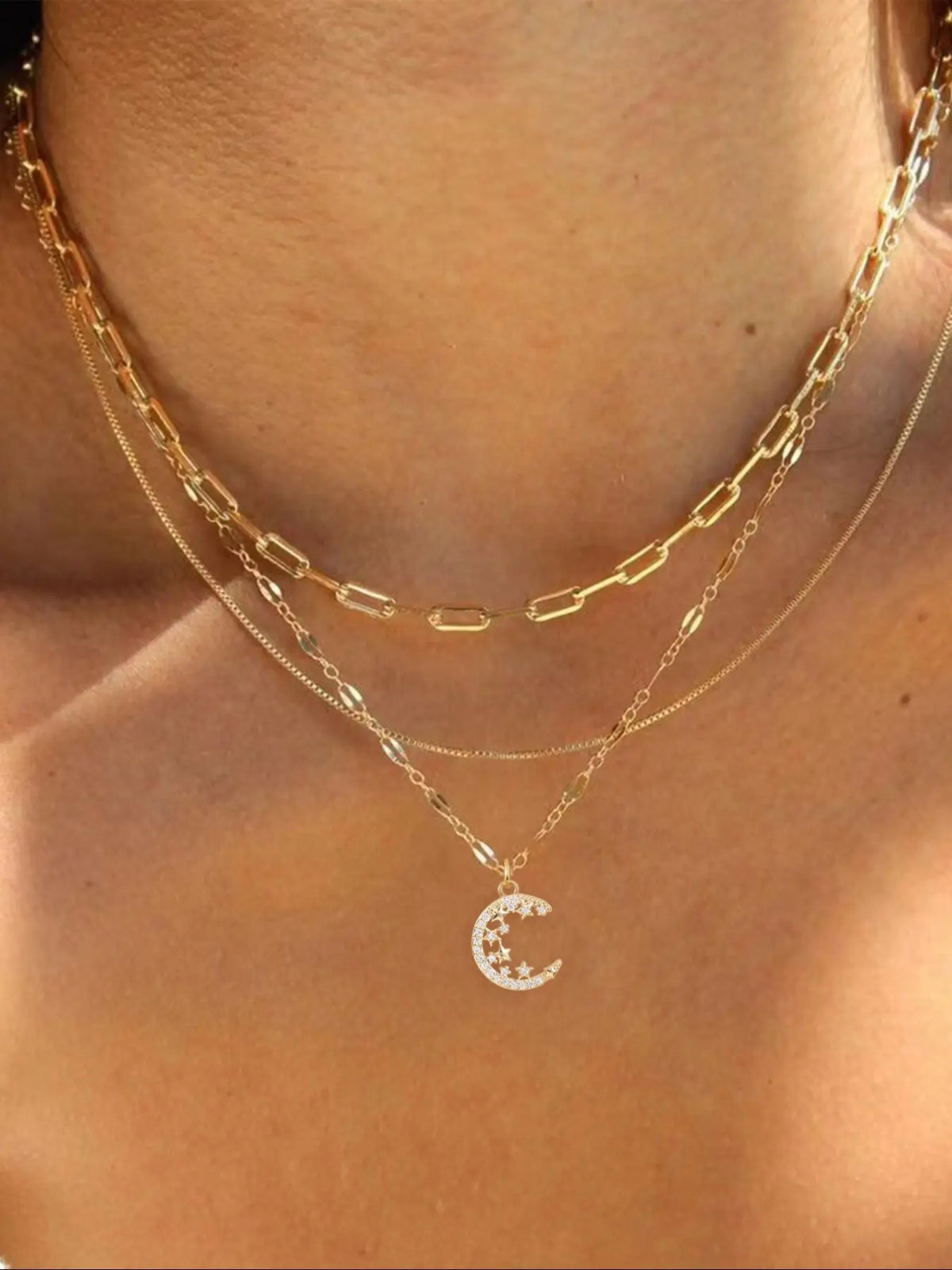 3 Piece Trendy Grid Paperclip Box Chain Necklace Set, Trendy Jewelry, Minimalist Rectangle Pendant with Sparkling Star Artificial Zircon