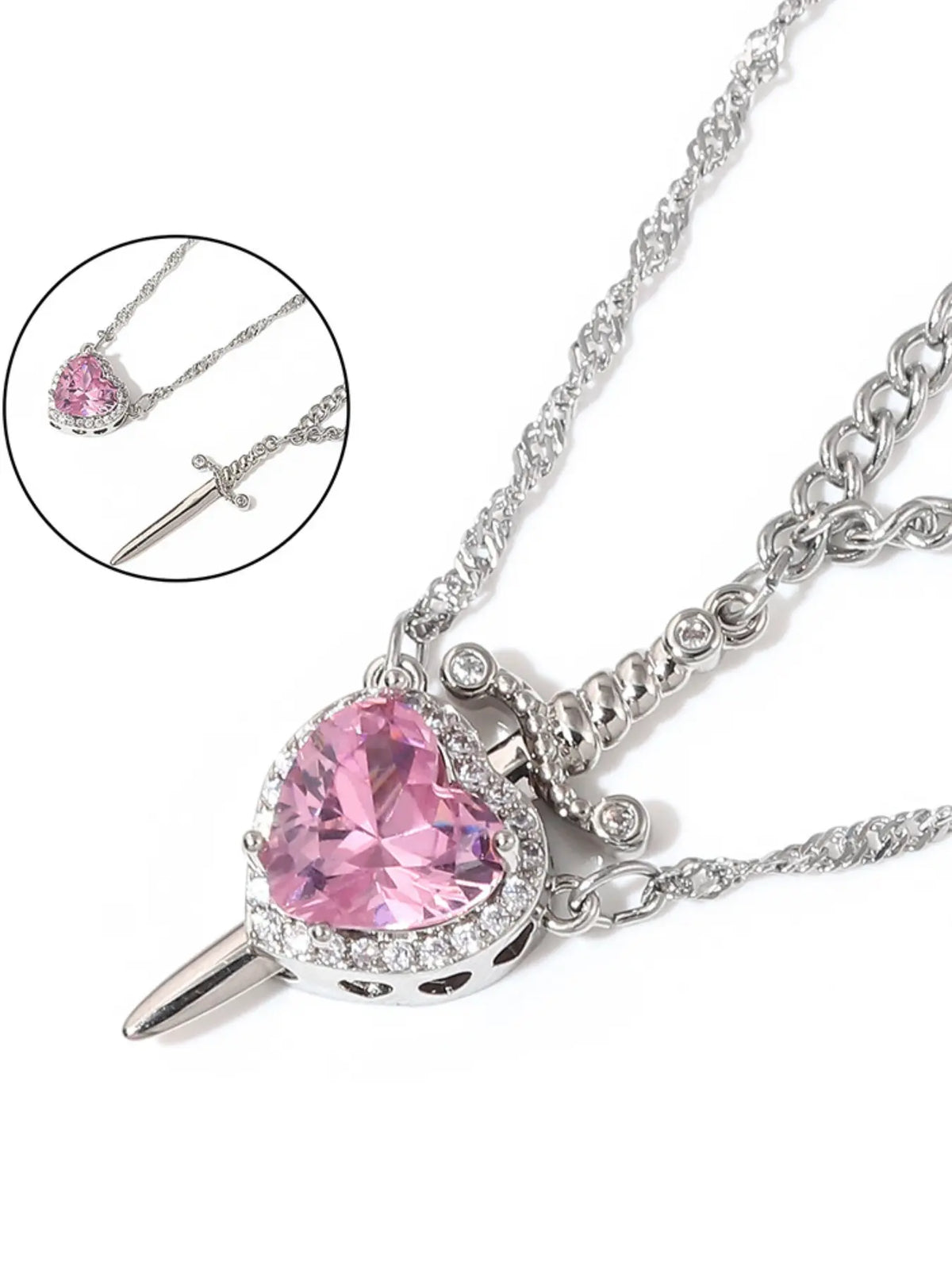 2pcs Heart and Sword Necklace Set, Love Heart Necklace, Amour Heart Necklace, Unique Couple's Jewelry, Fashionable Jewelry Accessories, Silver Color, Durable Fashion Accessory, Birthday Gift Jewelry, Perfect for Weddings & Parties, Includes Rose Box